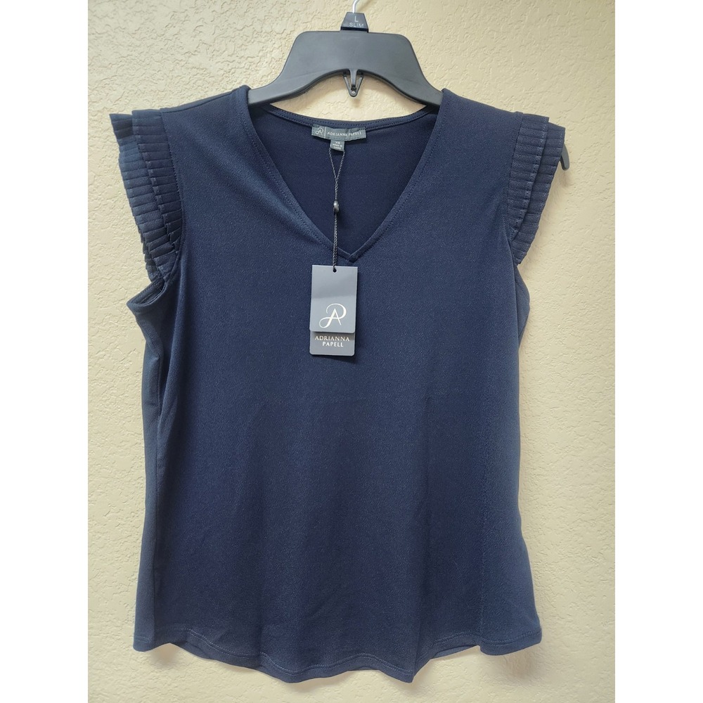 Adrianna Papell Womens Navy Blue V-Neck Pleated Ruffle Sleeve Blouse Top XS NWT